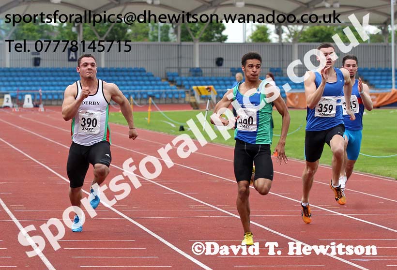 360 Elliott Hurley (City of Sheffield) wins from 390 Reece Sims (Derby AC) 2nd and Jack Hepple (Morpeth) 3rd in the under-20 mens 100 metres, Northern Senior and Under-20 Champs., Sport City, Manchester. Photo: David T. Hewitson/Sports for All Pics